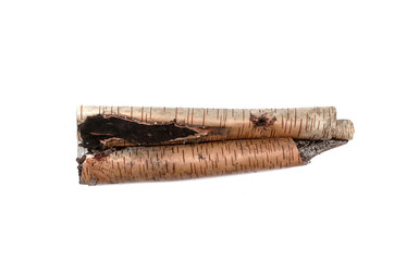 Piece of birch tree bark isolated on white background.