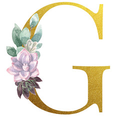 Watercolor Monogram Alphabet Letter G Gold Foil