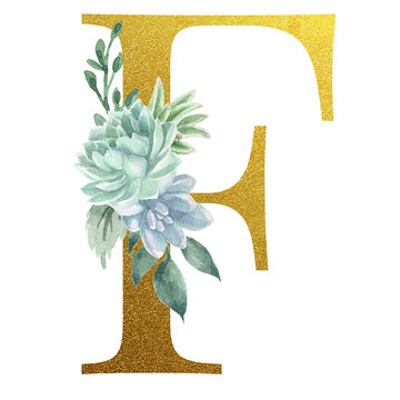 recommend clip art: Watercolor Monogram Alphabet Letter F Gold Foil