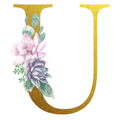 Watercolor Monogram Alphabet Letter U Gold Foil