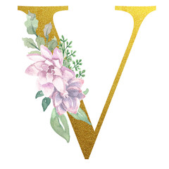 Watercolor Monogram Alphabet Letter V Gold Foil