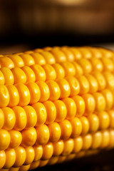 yellow sweet corn grain and a cob in the background.
