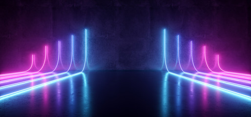 Futuristic Sci-Fi Modern Empty Stage Reflective Concrete Room With Purple And Blue Glowing Neon Tubes Shape Empty Space Wallpaper Background 3D Rendering