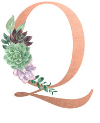 Watercolor Monogram Alphabet Letter Q Rose Gold Foil
