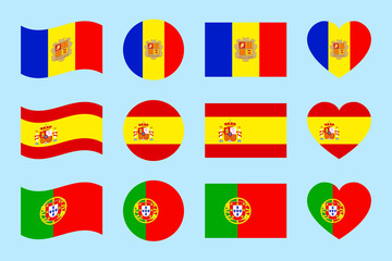 Iberian Peninsula states flags. vector illustration. Spain, Portugal,Andorra national symbols. Different geometric shapes. Flat style. Andorran, Spanish, Portuguese flags badges.