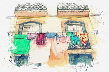 illustration Architecture of Lisbon. Clothes dry on the facade of an apartment building in Lisbon in Portugal.