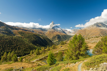 Naklejka premium Scenery summer view on snowy Matterhorn peak in sunny day with pine trees forest, mountains and blue sky with some clouds in background, Switzerland