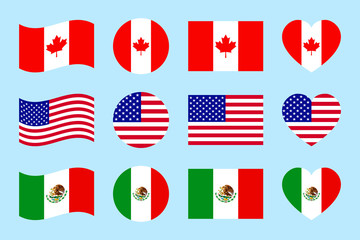 Northern america countries flags. vector illustration. Canada, USA, Mexico official flags. geometric shapes. Flat style. North american states. Us, Canadian, Mexican traditional symbols icons