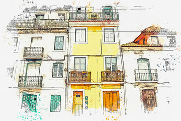 illustration. Beautiful old houses on the street in Lisbon in Portugal. Traditional European architecture.