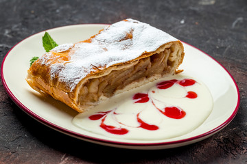 Apple strudel with ice cream