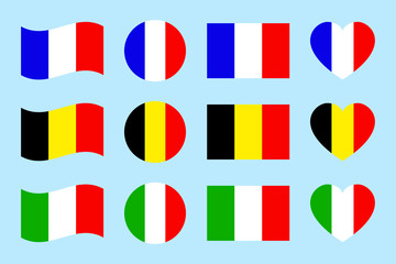 France, Italy,Belgium flags icons. vector illustration. Flat geometric shapes. French,Italian,Belgian flags set. European countries traditional symbols icons.