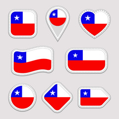 Chile flag vector set. Chilean flags stickers collection. Isolated geometric icons. National symbols badges. Web, sport page, patriotic, travel, school, design elements. Different shapes