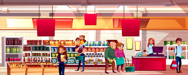 People in supermarket or grocery store vector illustration. Family choosing food products on shelves to shopping bags or carts, cartoon background with cashier at checkout counter