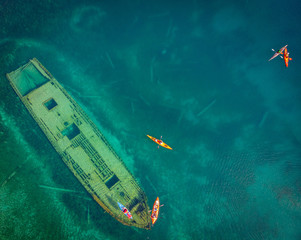 Shipwreck at Tobermory with kayakers, aerial view, Ontario, Canada