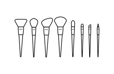 Vector illustration set of cosmetic brushes for foundation, powder, lipstick, eyeshadow, blush and other make up products. Black on white silhouette