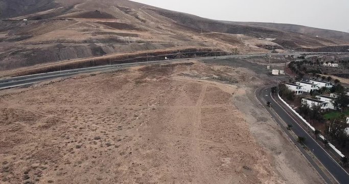 Aerial view of FV-2 motorway and mountain in Fuerteventura, Canary Islands, Spain
