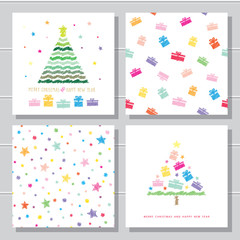 Christmas and New Year creative card templates and seamless pattern set. Kids colour pencils drawing.