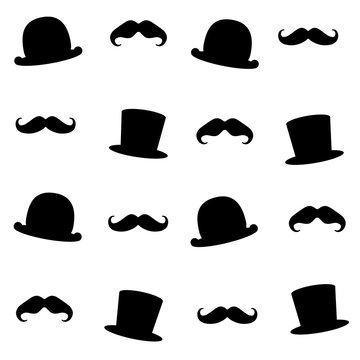 Vector pattern illustration with moustaches and gentleman's hats: black bowler hat and black cylinder hat
