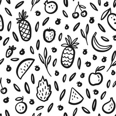 Vector tropical fruit background with durian, pineapple, watermelon, banana, dragon fruit, Pitaya. Summer exotic fruit black and white seamless pattern. Hand drawing illustration, wrap, textile