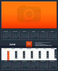 2019 Calendar template. June. Place for your photo