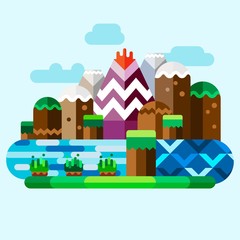 Unreal mountains landscape. Tropical island with volcano, rocks and river. Flat illustration.