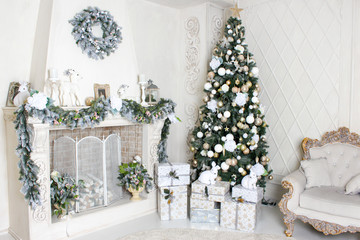 Christmas, Christmas decorations. Christmas tree, fireplace