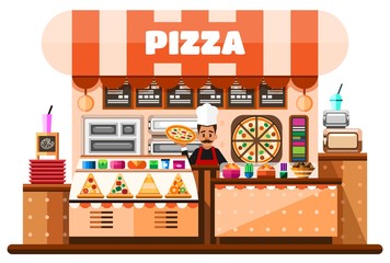 Pizza house interior with italian pizzaiolo holding hot pizza and standing behind of desks counter with pizza making equipment, menu and goodies. Flat Illustration