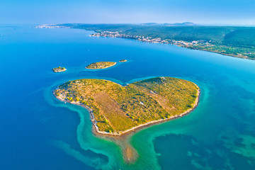 Heart shaped island of Galesnjak in Zadar archipelago aerial view