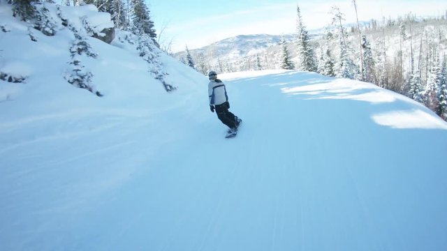 POV, skiing down mountain slope