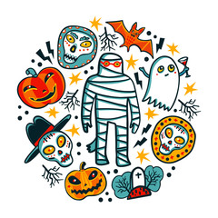 Halloween design elements. Cartoon pumpkins, mummy, bat, ghost and skulls on white background. Trick or treat concept. Vector illustration