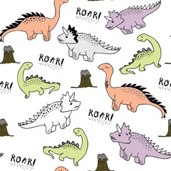 childish dinosaur seamless pattern for fashion clothes, fabric, t shirts. hand drawn vector with lettering