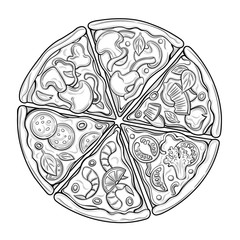 Slices of pizza. Margarita, pepperoni, vegetarian. Tomatoes, broccoli, peas, cheese, mushrooms, shrimp. 