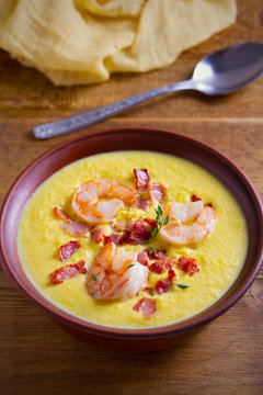 Shrimp, Bacon And Corn Chowder. Creamy Corn Vegetable Soup With Shrimps And Bacon. Vertical