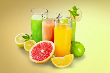 Tasty fruits and juice with vitamins on