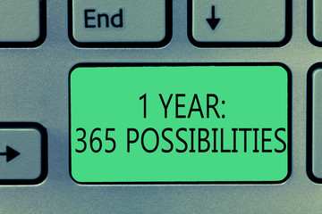 Writing note showing 1 Year 365 Possibilities. Business photo showcasing Beginning of a New Day...