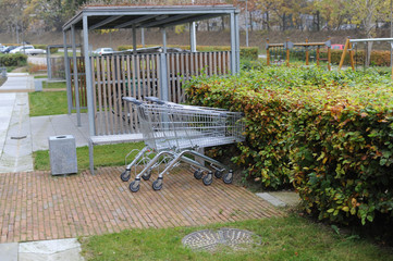 Empty metallic shopping carts outside the supermarket