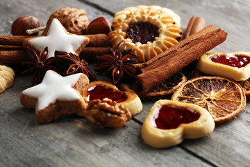 Baking christmas cookies. Typical cinnamon stars bakery with spices. xmas decoration