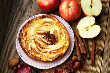 Apple tart. Gourmet traditional holiday apple pie sweet baked dessert food with cinnamon and apples...