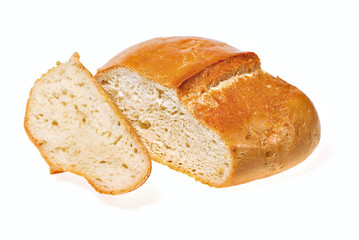 homemade bread, cut a slice. Isolated on white background