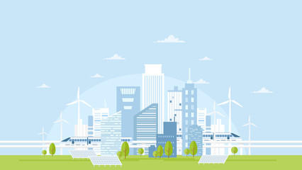Vector illustration of eco city skyline with buildings, solar panels, wind turbines and high speed trains on light blue sky. Concept of eco living in flat style. © Natalia