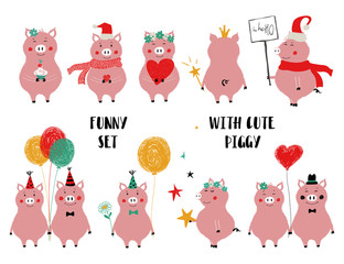 Funny Set Of Cute Pink Pig.