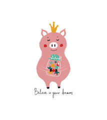 Obraz na płótnie Canvas Fairy Pig Holding Jar With Stars.