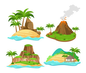 Vector illustration set of different scenes of tropical islands with palm trees and mountains, volcano isolated on white background in flat cartoon style. © Natalia
