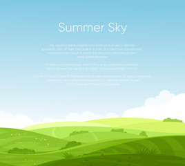 Illustration vectorielle du paysage de champs avec une belle aube, des collines verdoyantes, un ciel bleu de couleur vive avec place pour votre texte, arrière-plan en style cartoon plat.