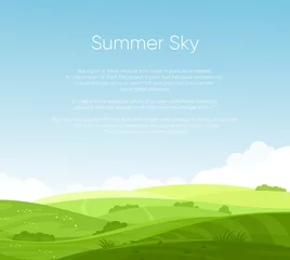 Foto op Canvas Vectorillustratie van velden landschap met prachtige dageraad, groene heuvels, felle kleur blauwe lucht met plaats voor uw tekst, achtergrond in platte cartoon stijl. © Natalia