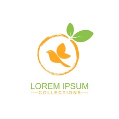Orange fruit logo design template and emblem made with bird and - natural badge for cosmetics