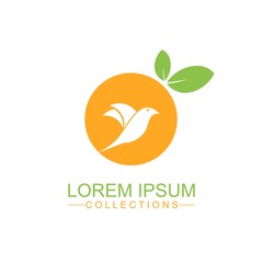 Orange fruit logo design template and emblem made with bird and - natural badge for cosmetics