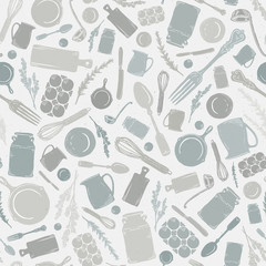 Vector Seamless Vintage Kitchen Utensil, Cookware, Herb, & Silverware Scatter in Gray, Green, & Tan with Subtle Texture
