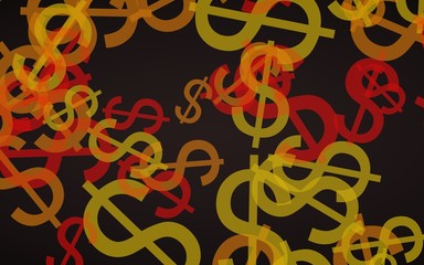 Multicolored translucent dollar signs on dark background. Orange tones. 3D illustration