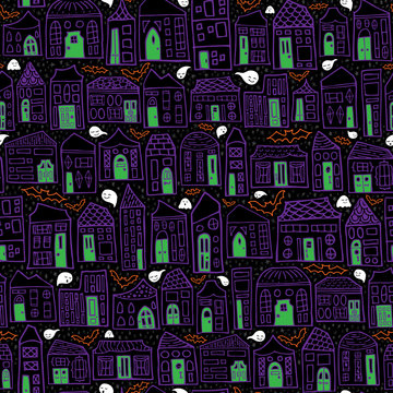 Seamless Vector Halloween Haunted House Pattern - Purple Homes, Green Doors, Happy Ghosts, & Bats